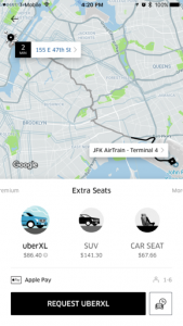 Select car type on Uber-UberXL, SUV, Car Seat