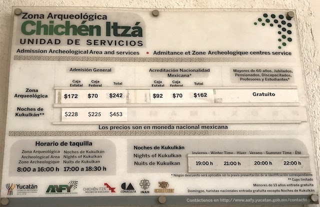 price list of entrance at Chichen Itza